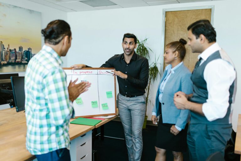 Managers in India applying leadership coaching techniques during team discussion
